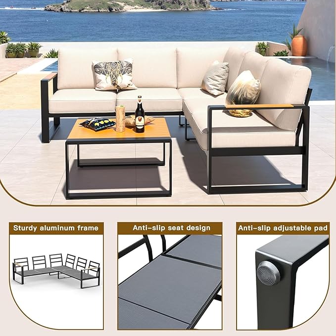 Aluminum Patio Furniture Set, All-Weather Outdoor Couch Sectional, L Shaped Patio Conversation Sets, Metal Corner Sofa with Teak Coffee Table(Cushion: Beige., Black Frame)