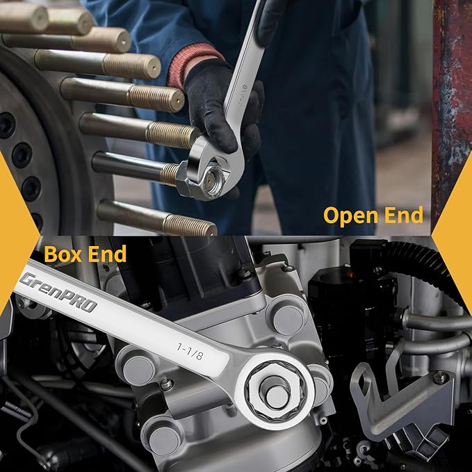 SAE Wrench Set, Large Wrench Set, 7-Piece 15/16", 1", 1-1/16", 1-1/8", 1-3/16", 1-1/4" Long Big Open End Wrench Tools Set Roll Up Pouch Organizer with Gauge, 12 Point Combination Wrenches Sets