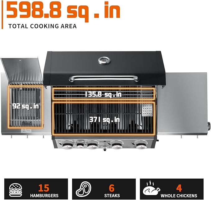 SKOK 4 Burner Propane Gas Grill with Infrared Side and Rear Burners, Outdoor BBQ Grill with Cast Iron Grates, Barbecue Grill with Wheels, 60,000BTU Output