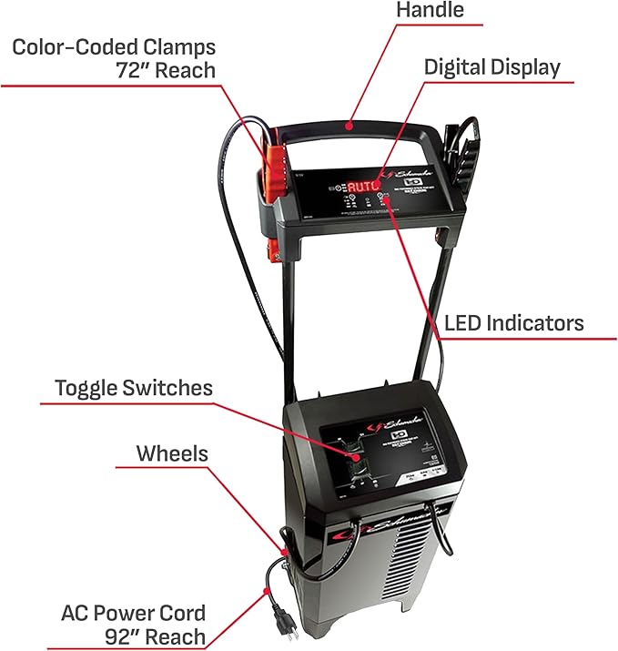 Schumacher Electric Wheeled Automatic 6A Car Battery Charger and 275A Engine Starter, 6-in-1 Solution, Maintainer, 40A Boost, for 6V/12V Power Sport, Automotive, and Marine Batteries, SC1326