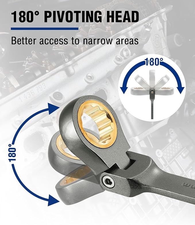 WORKPRO 13 mm Flex-Head Ratcheting Combination Wrench, Cr-V Constructed, Nickel Plating, 72-Teeth, 12 Point Design, Metric