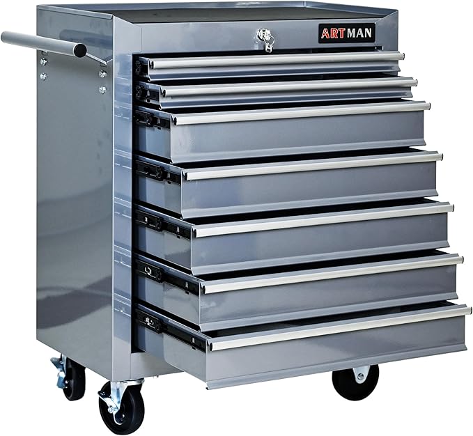 7 Drawers Tool Cart on Wheels,Multifunctional Rolling Tool Chest Tool Storage,Drawers Rolling Tool Trolley Organizer Tool Case for Garage, Warehouse, Workshop, Repair Shop (Silver)