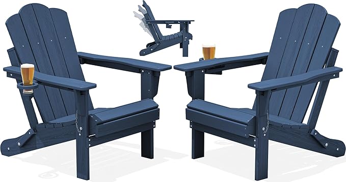KINGYES Adjustable Folding Adirondack Chair Set of 2, 3-Position Reclining Adirondack Chairs with Cup Holder, HDPE All-Weather Oversized Adirondack for Outdoor, Patio, Backyard Deck, Fire Pit, Blue