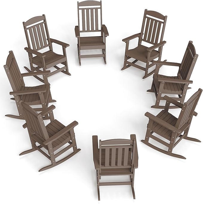 FOOWIN Outdoor Rocking Chair Set of 8, High Back Patio Rocking Chair, HDPE All Weather Resistant Porch Rocker for Adult, Oversized Rocking Chairs for Garden, Lawn, Indoor & Outdoor Use, Coffee