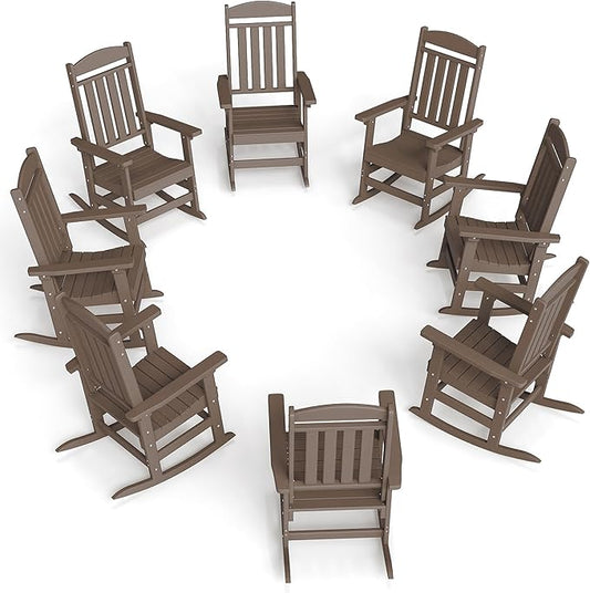 FOOWIN Outdoor Rocking Chair Set of 8, High Back Patio Rocking Chair, HDPE All Weather Resistant Porch Rocker for Adult, Oversized Rocking Chairs for Garden, Lawn, Indoor & Outdoor Use, Coffee