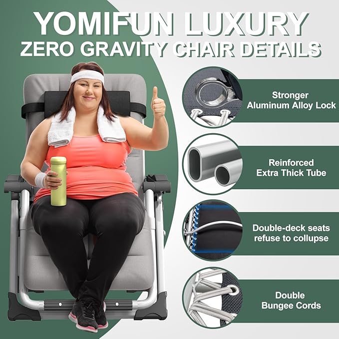 XL Zero Gravity Lounge Chair 29", Oversized Padded Folding Recliner for Patio with Storage Bag, Removable Cushion, Footrest, Full Aluminum Lock & Large Cup Holder, Supports 450 lbs, Grey