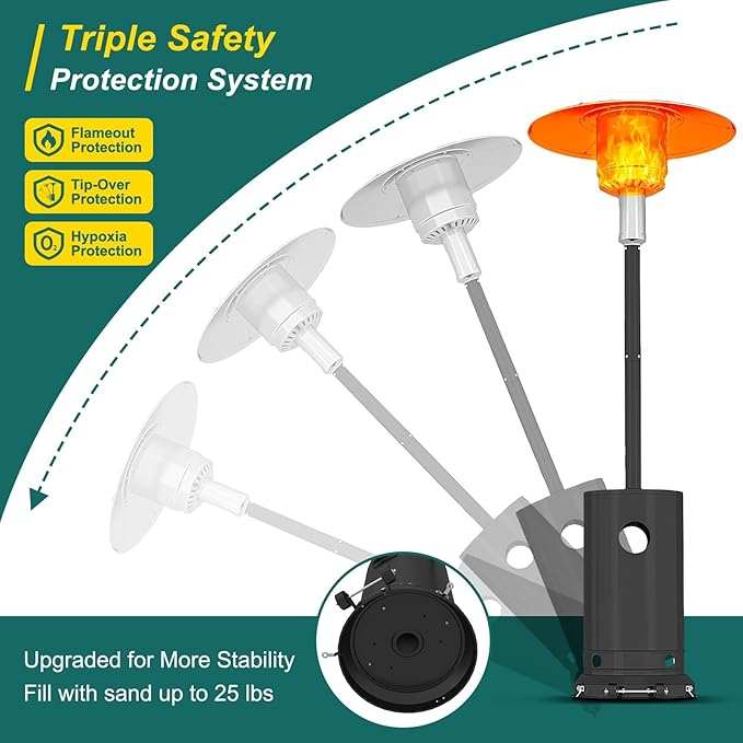 48000BTU Outdoor Propane Patio Heater with Wheels, Triple Safety Protection, Stainless Steel Burner, Includes Round Table for Porch, Camping, Backyard Use, Gray