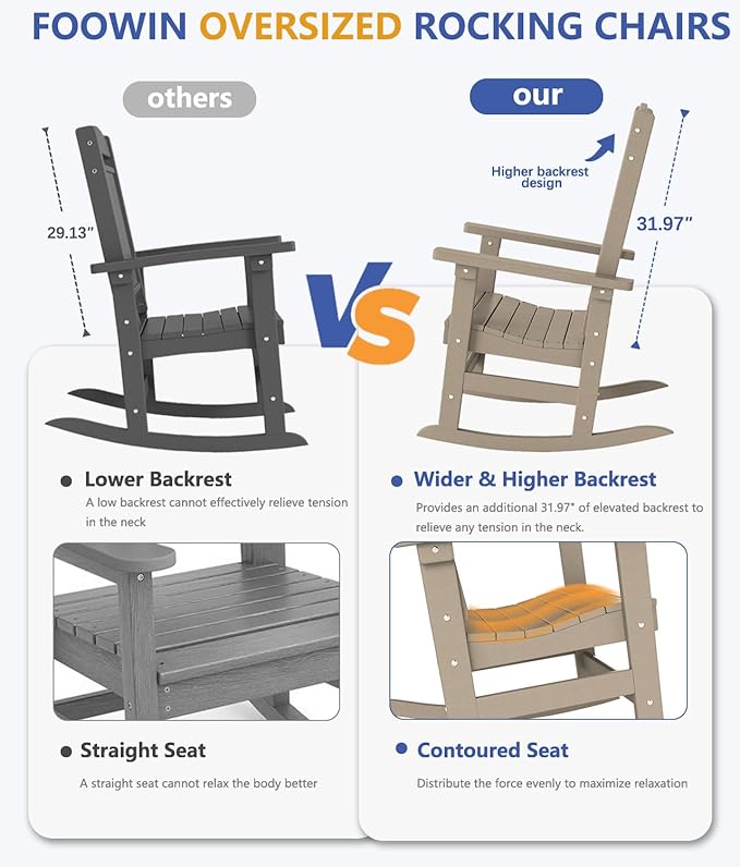 FOOWIN Outdoor Rocking Chair Set of 6, High Back Patio Rocking Chair, HDPE All Weather Resistant Porch Rocker for Adult, Oversized Rocking Chairs for Garden, Lawn, Indoor & Outdoor Use, Brown