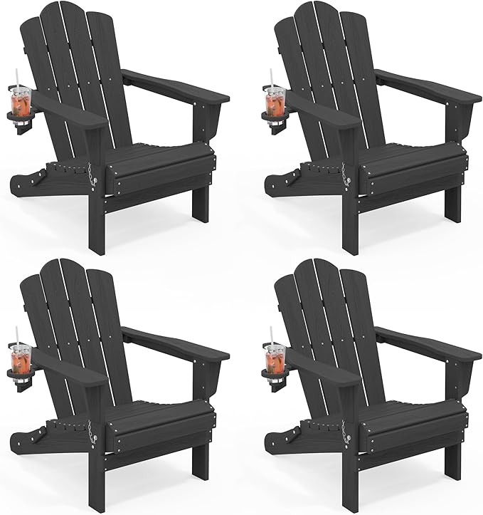 KINGYES Folding Adirondack Chair Set of 4, HDPE All-Weather Patio Chairs with Cup Holder, Wooden Textured Fire Pit Chairs for Poolside, Backyard, Deck, Grey