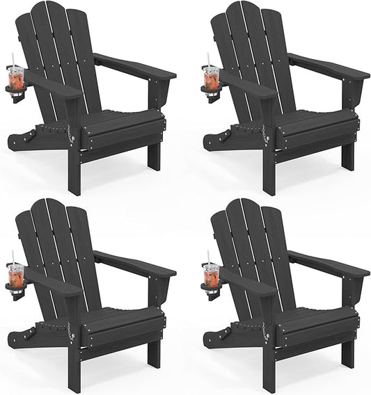 KINGYES Folding Adirondack Chair Set of 4, HDPE All-Weather Patio Chairs with Cup Holder, Wooden Textured Fire Pit Chairs for Poolside, Backyard, Deck, Grey