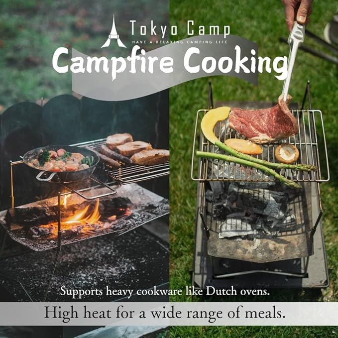 Tokyo Camp HAKOSUKA Portable Fire Pit, Foldable Stainless Steel Wood Burning Stove, Lightweight Compact Grill for Solo Camping, Outdoor BBQ, Bonfire – Rugged Japanese Design