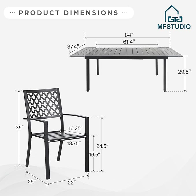 MFSTUDIO Outdoor Dining Set for 6, Expandable Patio Table and Chairs Set, 7 Piece Metal Patio Furniture Set, Patio Dining Set for Deck Backyard Poolside Garden