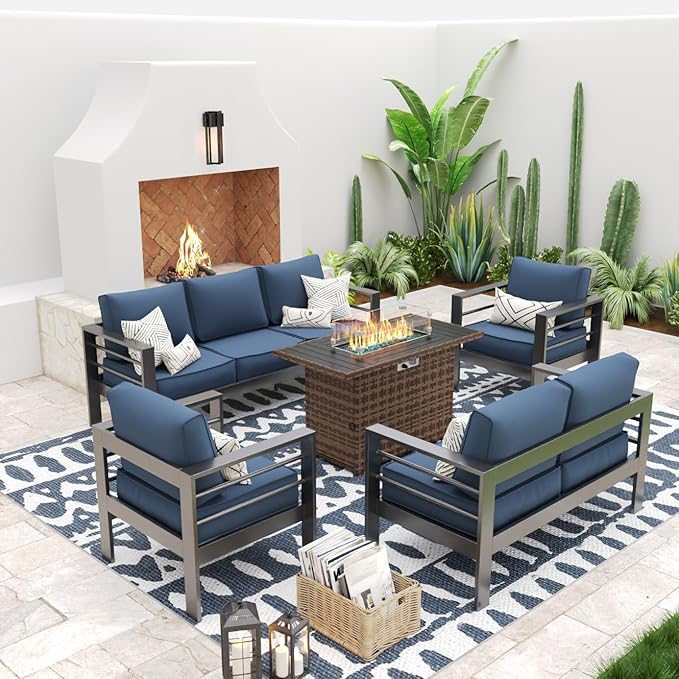UDPATIO 8 Piece Aluminum Patio Furniture Set with Wicker Fire Pit Table,Mordern Outdoor Furniture Set with Water-Proof Cover Included, Dark Grey/Navy
