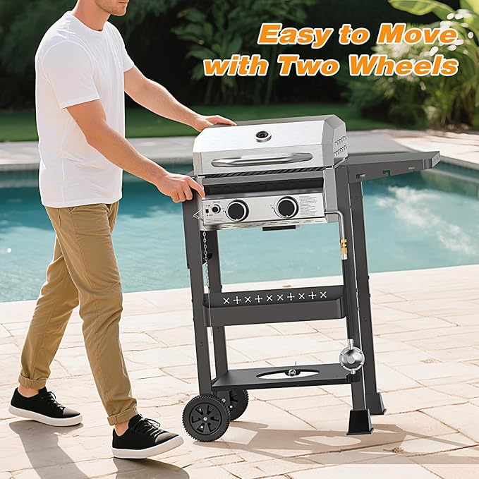 2 Burner BBQ Propane Gas Grill, Stainless Steel 16,000 BTU Patio Garden Barbecue Grill with Two Foldable Shelves, Gas Grill with Grates and Griddle Pan for Outdoor Cooking and BBQ