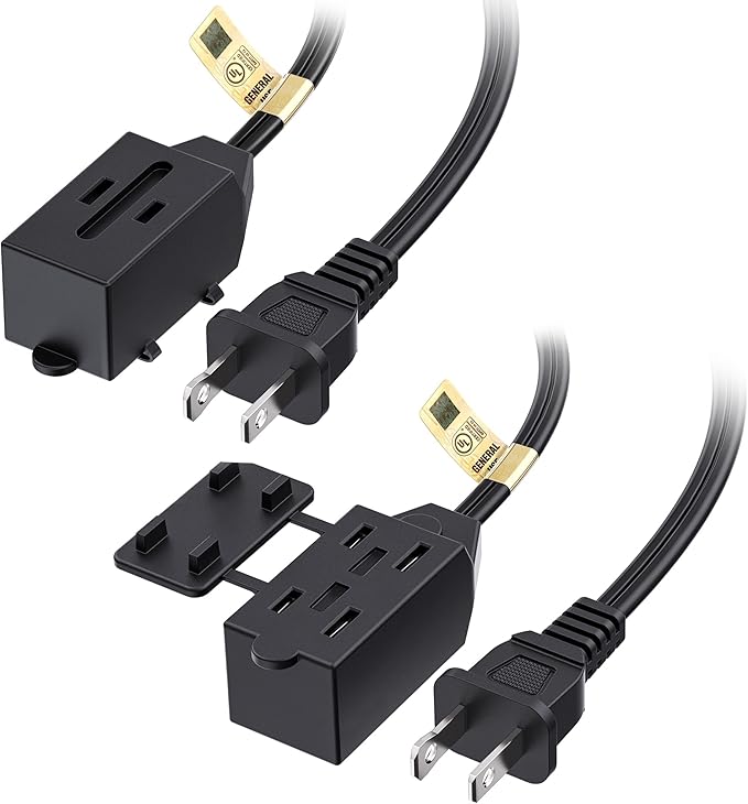 [UL Listed] Cable Matters 2-Pack 16 AWG 2 Prong Long Extension Cord 15 ft, 13A 3-Outlet Extension Cords with Tamper Guard, 13 Amp, 1625 Watts, Black