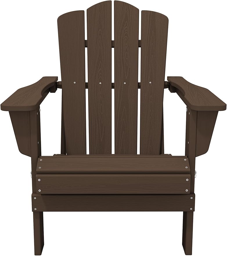 KINGYES Folding Adirondack Chair, HDPE All-Weather Patio Chairs, Wooden Textured Lawn Chair for Poolside, Backyard, Deck, Fire Pit, Brown