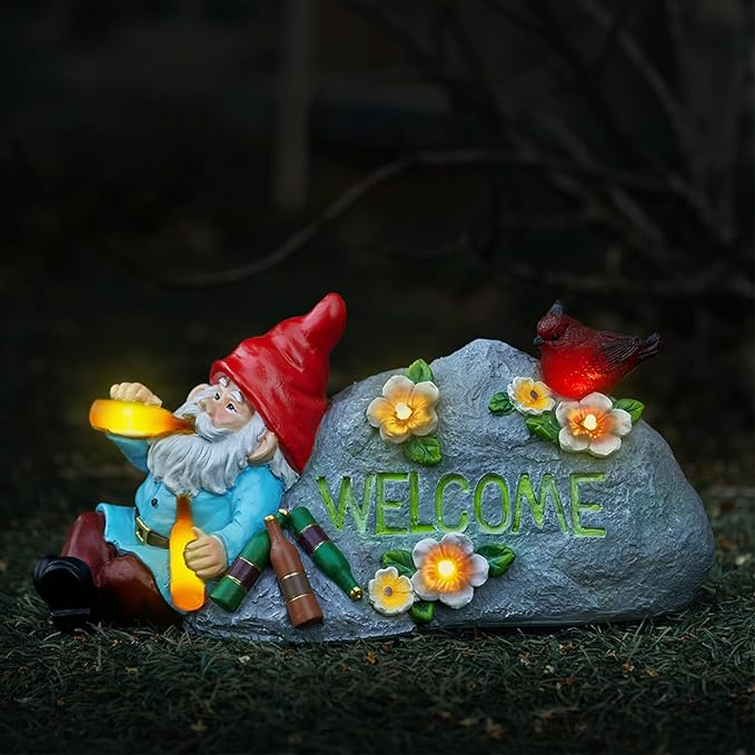 Funny Garden Gnomes Statue with Welcome, Solar Outdoor Gnomes Decorations for Yard, Patio, Lawn, Christmas Birthday Housewaming Gifts for Dad, Men, Husband, Grandpa, 11.8 Inch, Resin