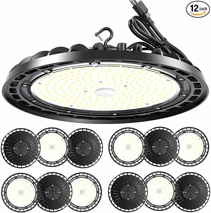 LED High Bay Light 240W PREM 12-Pack, 12' UFO Commercial Lighting Fixture w/Plug for Garage Shop Warehouse Workshop, 5000k 35000lm Dimmable IP65 UL ETL Listed (Count of 12)