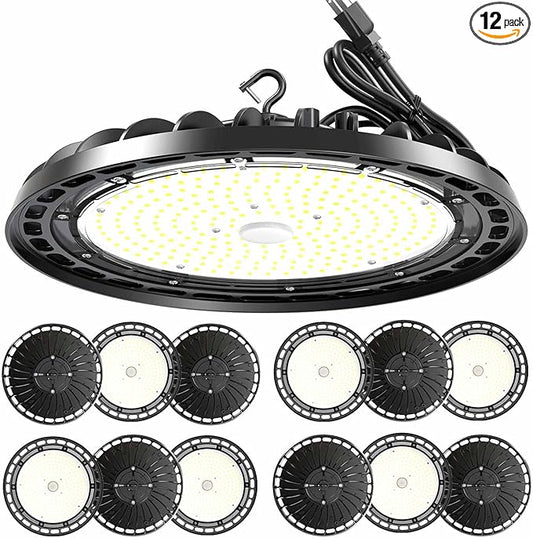LED High Bay Light 150W PREM 12-Pack, 10' UFO Commercial Lighting Fixture w/Plug for Garage Shop Warehouse Workshop, 5000k 21000lm Dimmable IP65 UL ETL Listed (Count of 12)