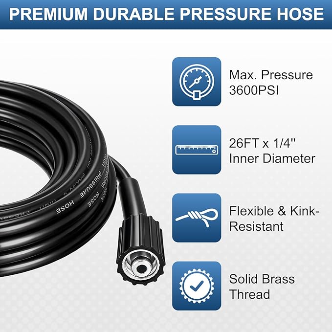 Pressure Washer Hose 26.3 Ft, 1/4" ID M22-14mm Brass Fitting, 3600 PSI Kink-Resistant Universal Electric Power Wash Hose for Replacement