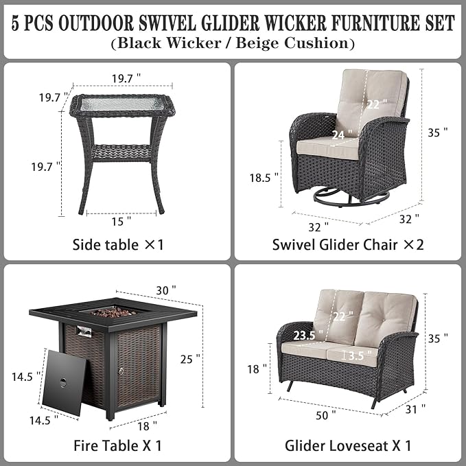 Belord 5 Piece Outdoor Patio Furniture Set with 50000 BTU Propane Fire Pit Table, Deep Seating Wicker Swivel Rocker Chairs and Loveseat Glider Patio Conversation Set for Poolside Deck Backyard Black