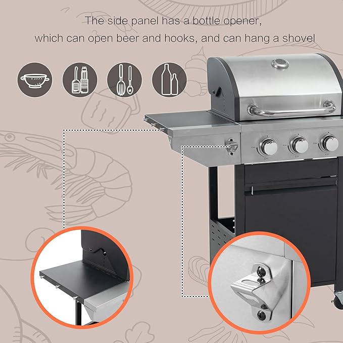 Propane Grill 3 Burner Barbecue Grill Stainless Steel Gas Grill with Side Burner, 37,000 BTU Outdoor Cooking, Patio, Garden Barbecue Grill, Black and Silver