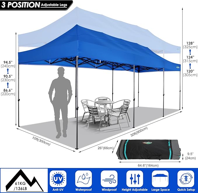 COBIZI 10x30 Heavy Duty Pop up Canopy Party Tent for Parties Weddings Events UPF 50+ Waterproof Commercial Gazebo with Roller Bag, Blue