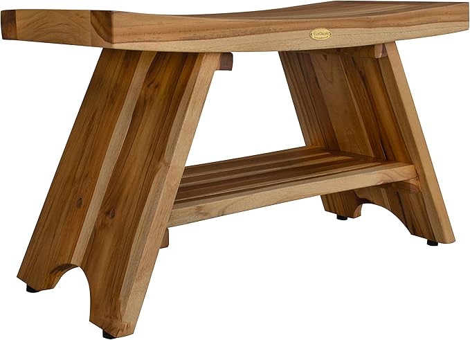 EcoDecors 35 Inch Serenity Teak Shower Bench – Waterproof Bathroom Seat with Large Storage Shelf For Adults & Seniors | Spa-Style Teak Wood Stool with Non-Slip Feet, Elegant Finish, 300 Pound Capacity