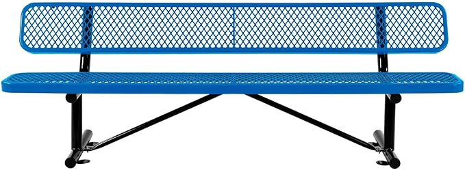 Global Industrial 8'L Heavy Duty Expanded Metal Mesh Bench with Backrest with Steel Frame, Portable Outdoor Bench, 1000 lbs Capacity, Blue, 96" L x 24" W x 33" H