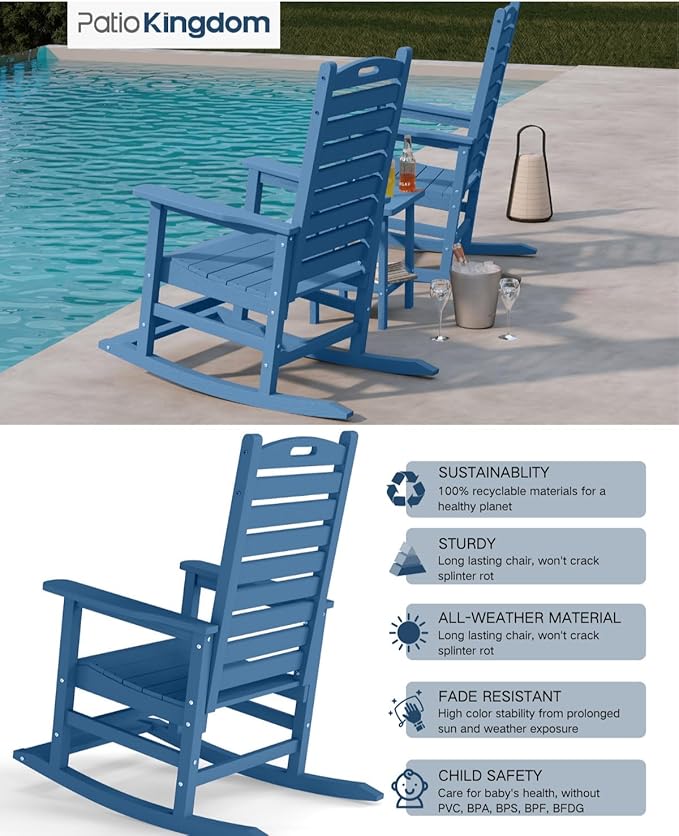 Navy BlueOutdoor Rocking Chairs Set of 2 with Footrest, Side Table & Beige 11FT Cantilever Umbrella, HDPE Rocking Lawn Chair for Garden, Poolside, Deck