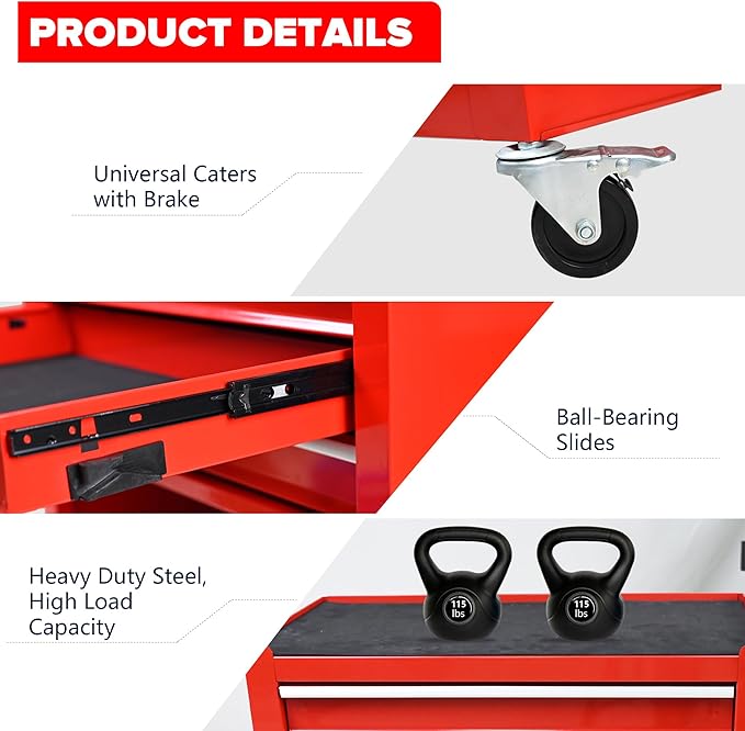 4 Drawers Tool Cart on Wheels,Rolling Tool Box Tool Storage， Drawers Rolling Organizer Tool Case for Garage, Warehouse, Workshop, Repair Shop (4 Drawers(Red))