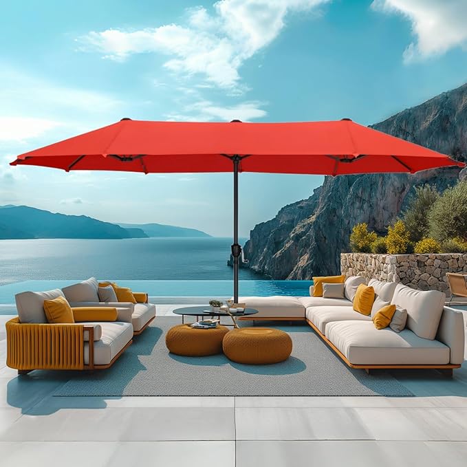 PHI VILLA 13 ft Outdoor Patio Umbrella, Large Rectangular Double-sided Market Table Twin Umbrellas with Crank Handle for Deck Pool, Orange Red
