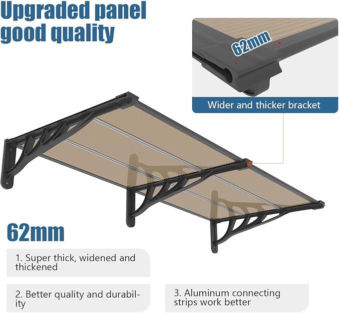 Door Awning Window Canopy, Modular Spliced Awnings for Outside,Porch,Patio,Deck,Polycarbonate Sheet,UV, Rain, and Snow Protection (Brown Board & Black Bracket, 35'’*80'’)