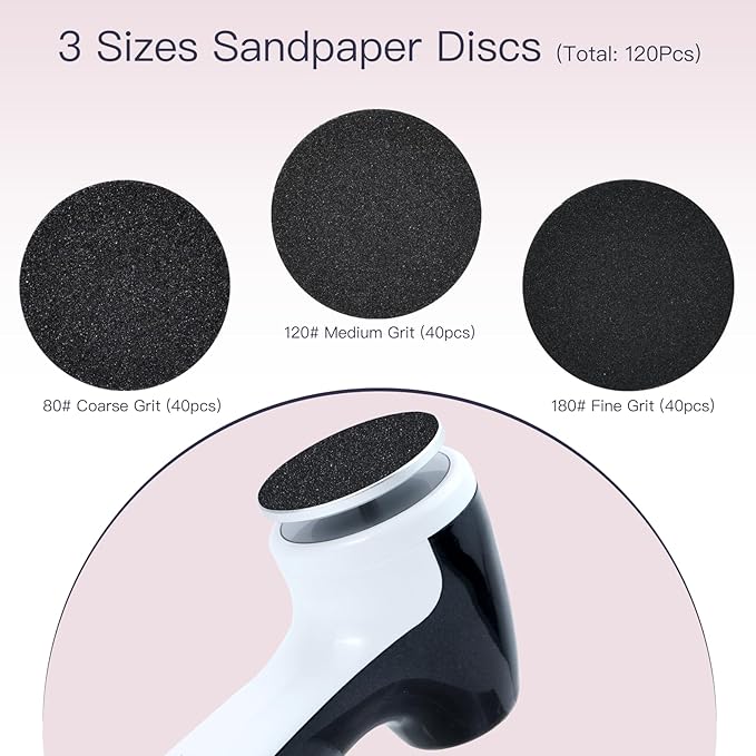 AprElm-E7 Rechargeable Electric Foot Callus Remover with 3-Sizes 120Pcs Sandpaper Discs, Professional 1000RPM 3-Speed Control Electric Foot File (Black)
