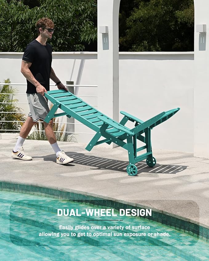 Lounge Chair Outdoor Set of 2, HDPE Chaise Chair Outdoor with 6-Position & Wheels &Cup Holder, Pool Lounge Chair for Pool Poolside Deck Backyard Patio, Lake Blue