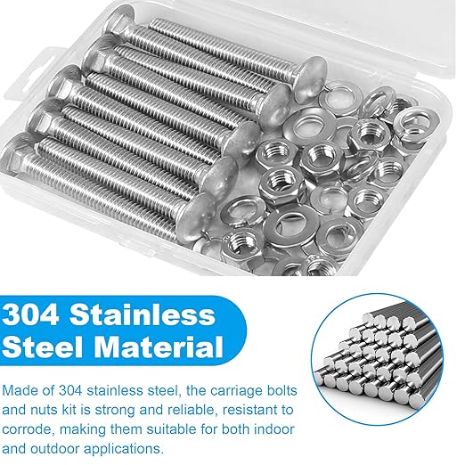 Yinpecly 10 Sets 5/16-18 x 2-1/2" Carriage Bolts Screws, 304 Stainless Steel Round Head Square Neck Carriage Bolts and Nuts Kit, with Flat & Lock Washers, Full Thread Coverage
