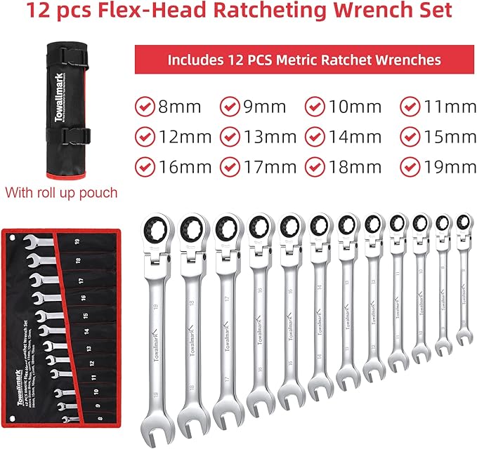 14pcs Swivel Head Ratcheting Wrench Set, Metric 6-19mm, Fixed Head Chrome Vanadium Steel Spanners with Carrying Bag for Automotive, Home, and Workshop Use