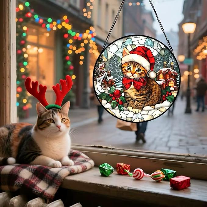 Stained Glass Window Hanging - Cat and Snowy Day Christmas Suncatcher fof Garden Home Decor for Women Mon Grandma Friends
