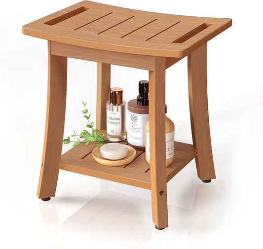 HIPS Shower Benches for Inside Shower, Waterproof Shower Stool with Storage Shelf & Adjustable Feet, SPA Bathroom Seat Chair for Shaving Legs, Indoor or Outdoor Use, Teak Brown