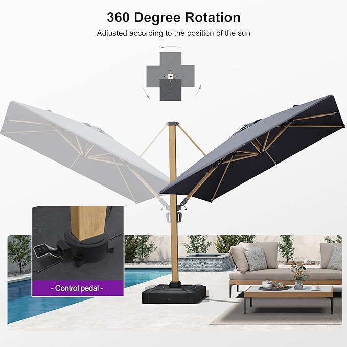 PURPLE LEAF 9FT Patio Umbrella Square Cantilever Umbrella Teak Finished Aluminum Frame Large Windproof Offset Outdoor Sun Umbrellas for Beach Pool Deck, Grey