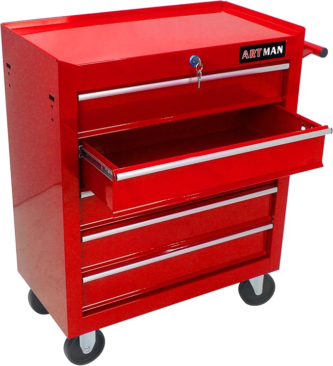 5 Large Drawers Rolling Tool Cart on Wheels, Trolley Organizer Tool Case Chest, Multifunctional Tool Storage Box for Workshop, Garage, Warehouse, Repair Shop(5 Drawers-29.3" H-Red)