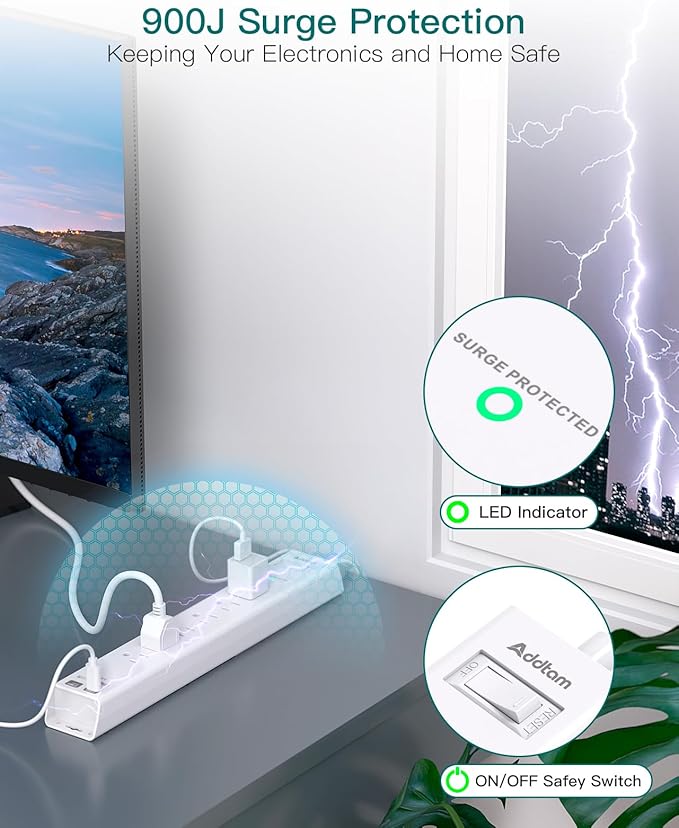 Surge Protector Power Strip 15ft, Addtam 6 AC Outlets 4USB (2 USB C) Ports, Flat Plug with Long Extension Cord, Desktop Charging Station, Wall Mountable for Home, Office, Dorm Essentials, ETL Listed