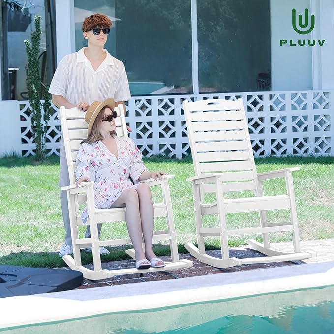 Outdoor Rocking Chair with Removable Footboard for Adults, HDPE High Back Patio Rocking Chairs, 330lbs All Weather Porch Rocking Chairs for Outdoor & Indoor -White