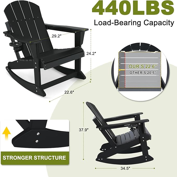 Outdoor Rocking Chair, HDPE Poly All-Weather Patio Rocking Chairs with Cup Holder for Adults, Porch Rocker for Deck Patio Balcony, 440lbs, Black
