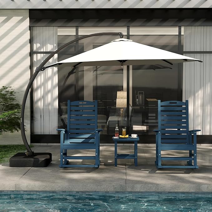 Navy BlueOutdoor Rocking Chairs Set of 2 with Footrest, Side Table & Beige 11FT Cantilever Umbrella, HDPE Rocking Lawn Chair for Garden, Poolside, Deck