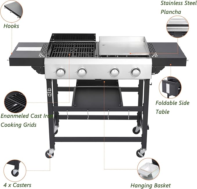 4-Burner Propane Gas BBQ Grill with Stainless Steel Plancha, 38240 BTU Output Stainless Steel Gas Grill w/Cast Iron Grating Mesh, & Foldable Side Table, Hanging Basket for Outdoor & Garden