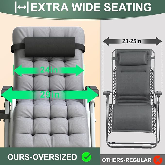 XL Zero Gravity Lounge Chair 29", Oversized Padded Folding Recliner for Patio with Storage Bag, Removable Cushion, Footrest, Full Aluminum Lock & Large Cup Holder, Supports 450 lbs, Grey