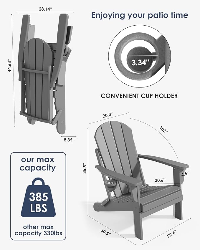 Folding Adirondack Chairs Set of 6, All-Weather Resistant HDPE Patio Firepit Chairs, Sturdy Outside Chairs with Cup Holder, Lawn Chairs, 80% Pre-Installed Load Capacity 385lb, Slate Grey