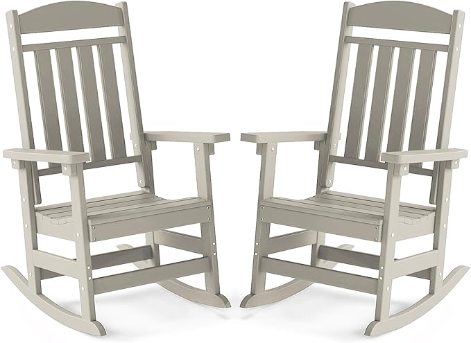 FOOWIN Outdoor Rocking Chair Set of 2, High Back Patio Rocking Chair, HDPE All Weather Resistant Porch Rocker for Adult, Oversized Rocking Chairs for Garden, Lawn, Indoor & Outdoor Use, Sand