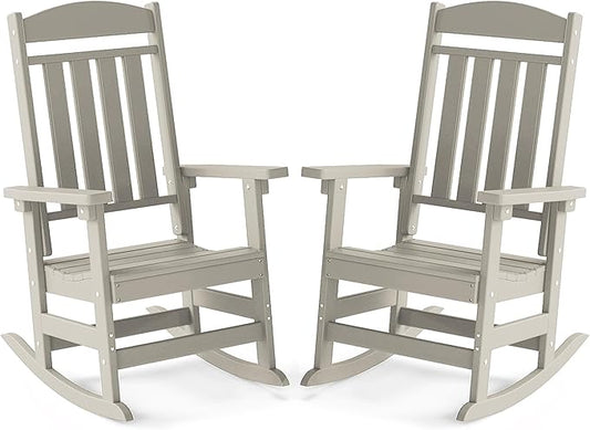 FOOWIN Outdoor Rocking Chair Set of 2, High Back Patio Rocking Chair, HDPE All Weather Resistant Porch Rocker for Adult, Oversized Rocking Chairs for Garden, Lawn, Indoor & Outdoor Use, Sand